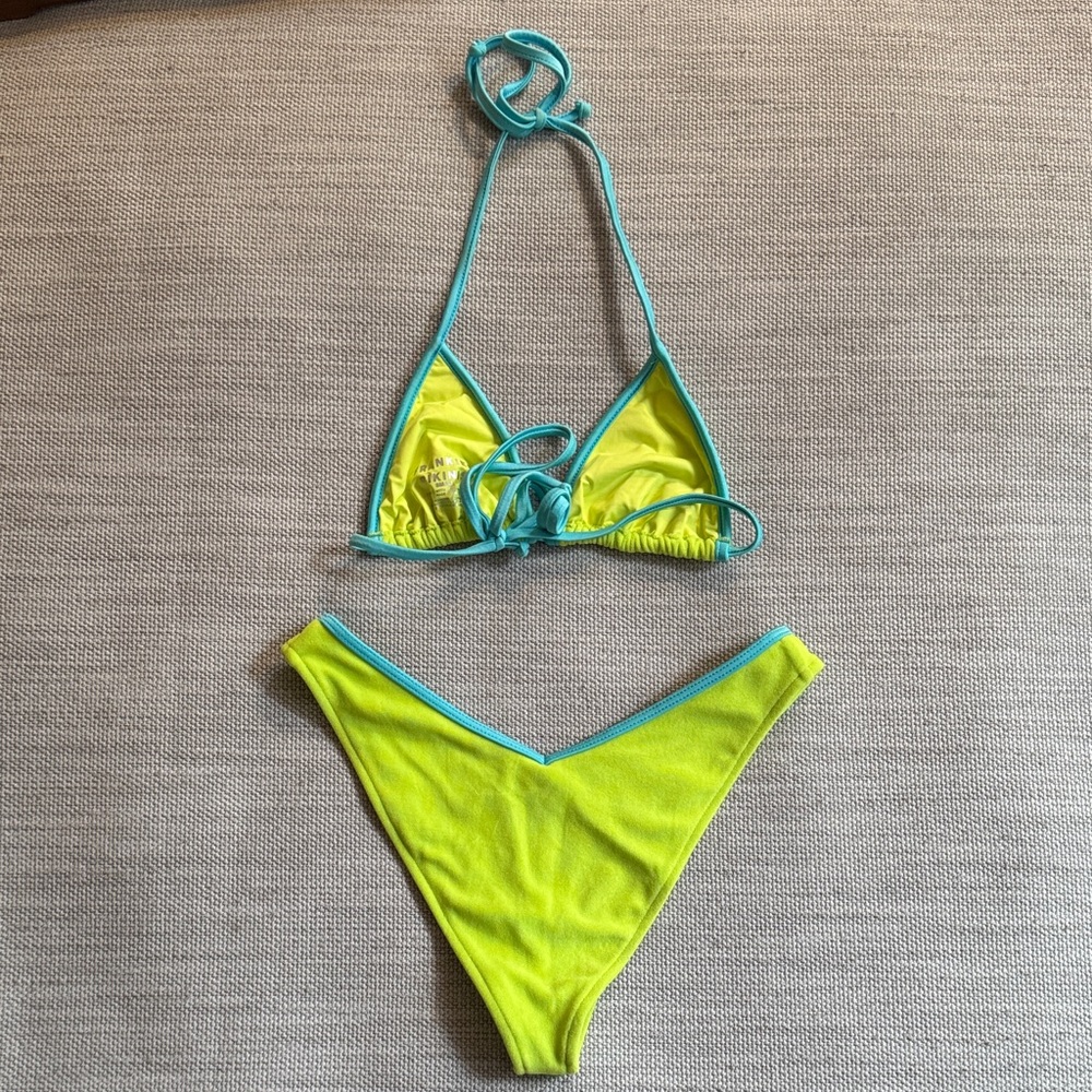 Neon Lime Triangle Bikini with Teal Trim - Picture 3 of 5